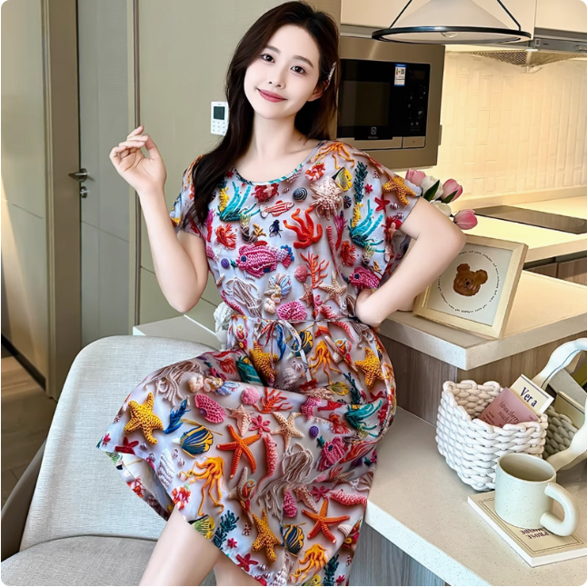 棉绸睡裙女夏连衣裙睡衣裙薄款大码女生3D可外穿家居服碎花空调服