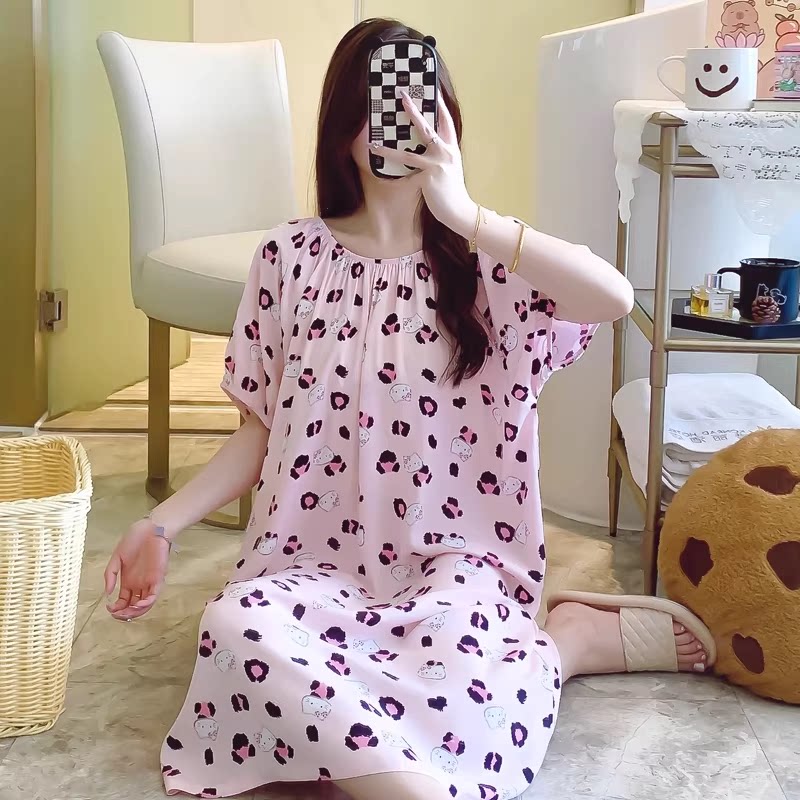 夏女棉绸连衣裙宽松睡衣睡裙少女短袖人造棉中裙薄款可外穿家居服