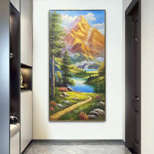 大尺寸金山福禄玄关装饰油画聚宝盆入户走廊复刻手绘肌理画挂画