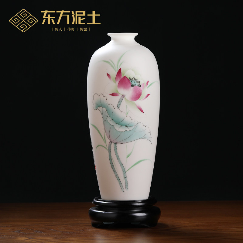 东方泥土高档手绘荷塘情趣小寿瓶中式陶瓷花瓶摆件客厅博古架装饰