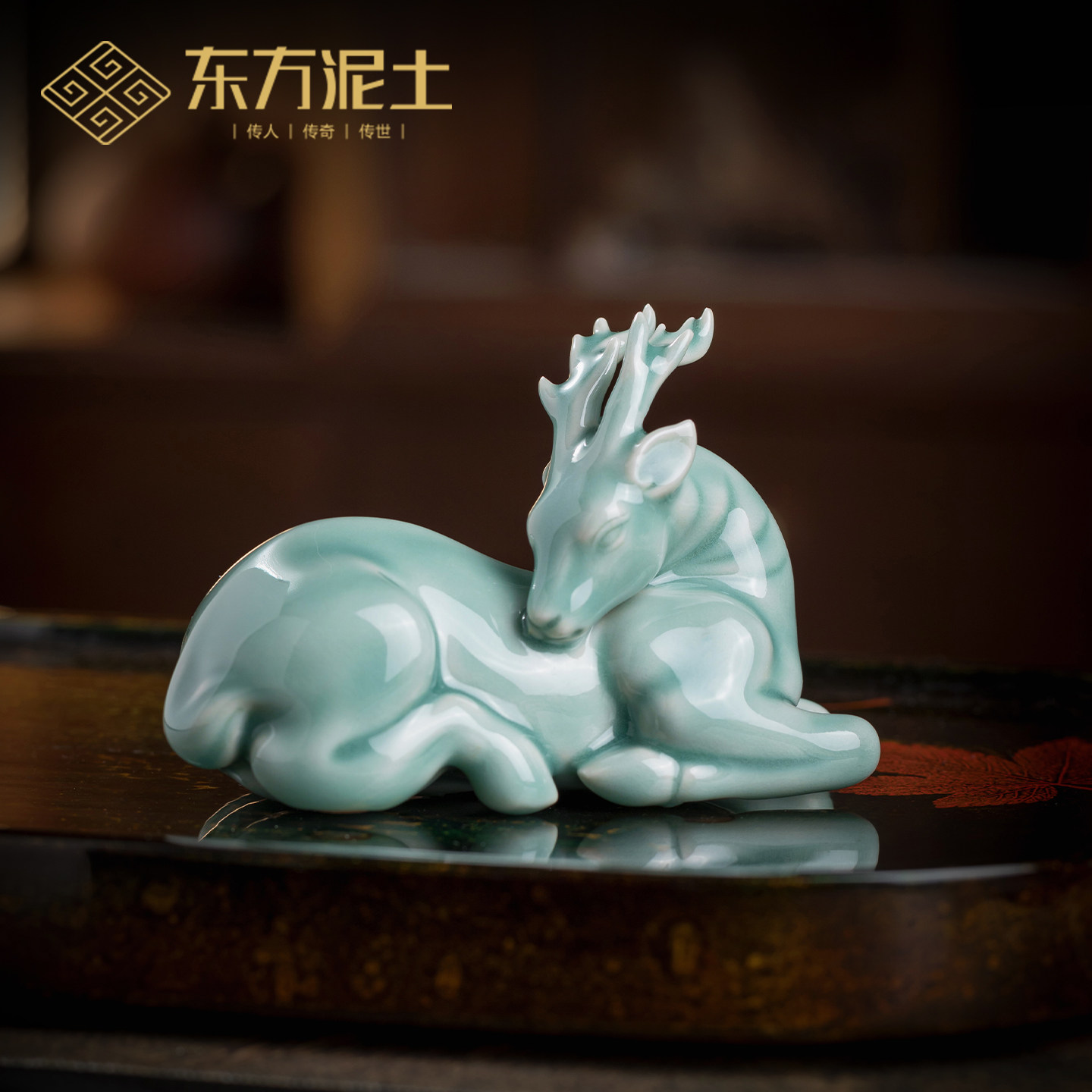 李锦峰老师作品陶瓷吉鹿桌面摆件