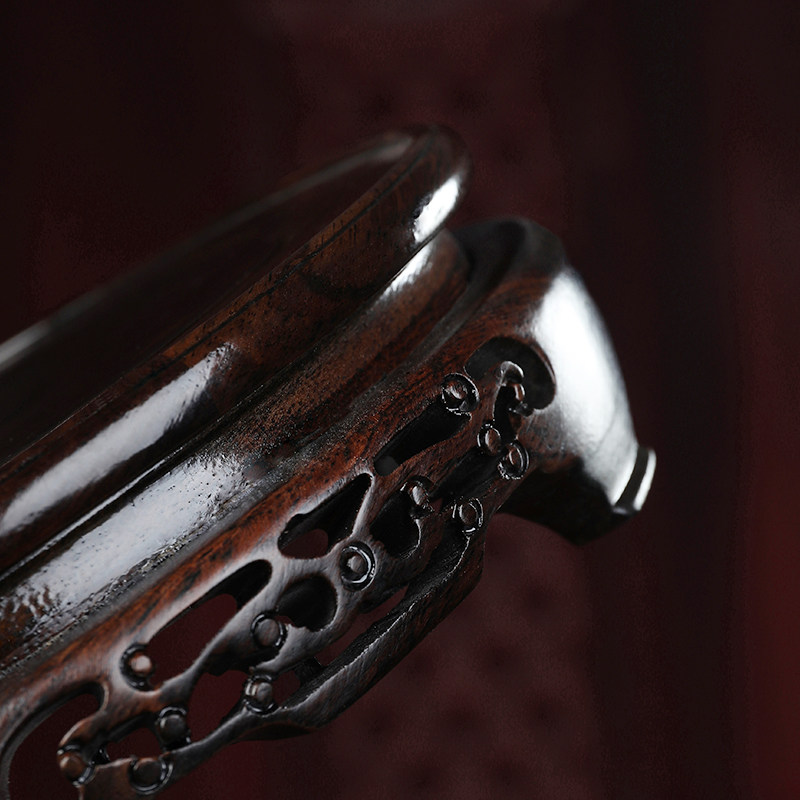 东方泥土黑檀木实木花瓶底座石头佛像花盆栽茶壶玉石摆件圆形托架