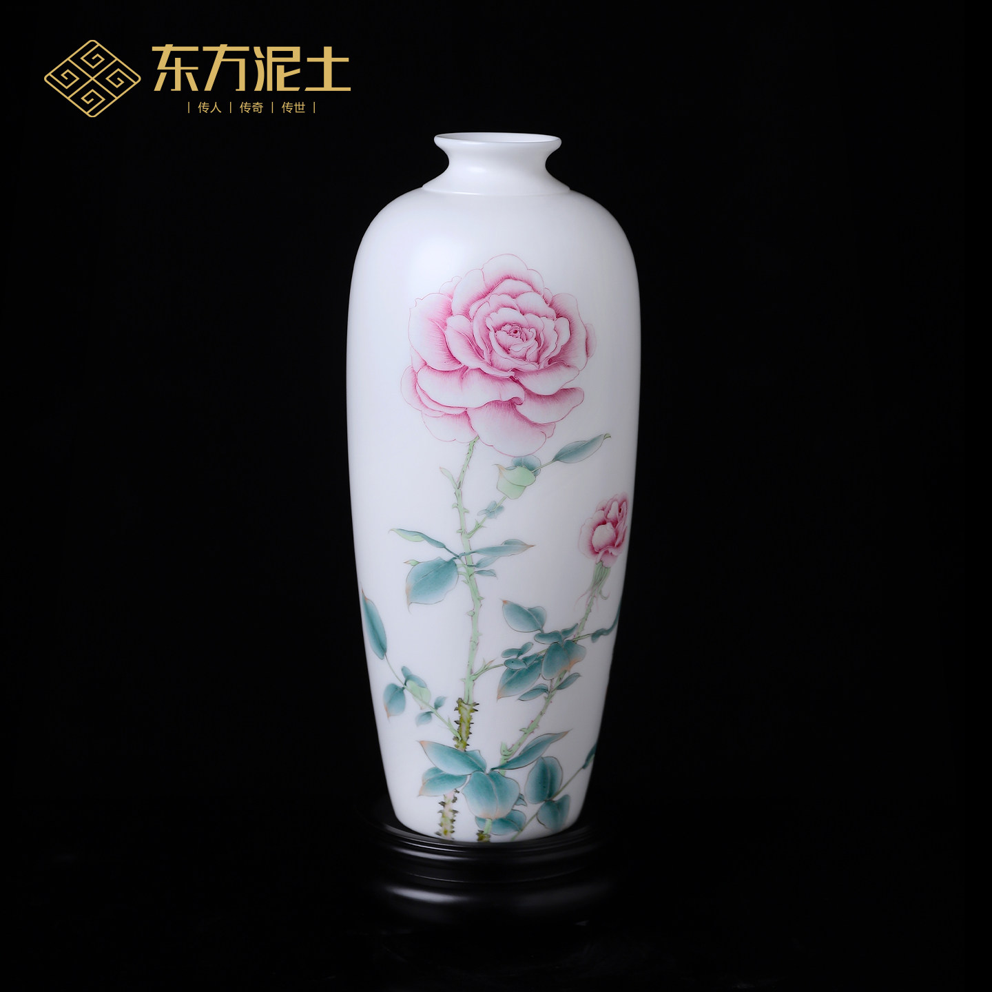 东方泥土庄晓明大师作品《雅韵》羊脂玉瓷白瓷手绘月季花瓶摆件礼