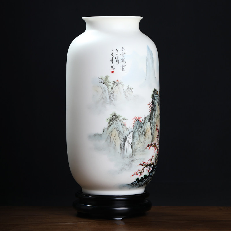东方泥土陶瓷大号手绘山水花瓶摆件实木家居家具博古架玄关装饰品
