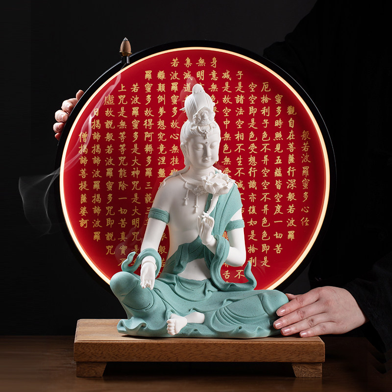 东方泥土新中式禅意心经LED灯圈陶瓷观音摆件客厅玄关酒柜装饰品