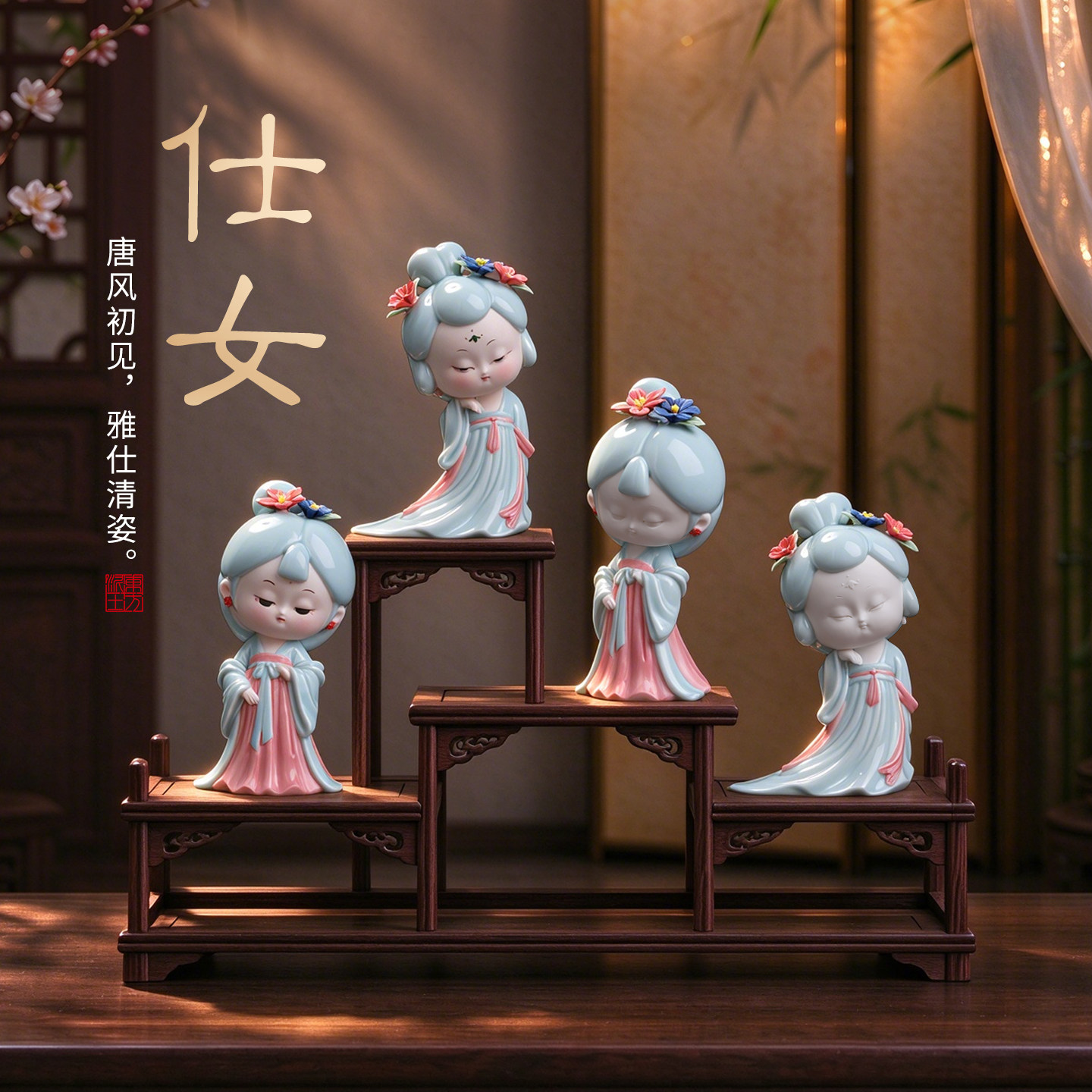 东方泥土古风汉服仕女陶瓷摆件