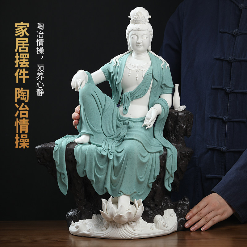 新品东方a泥土《悠然自在》观音佛像工艺品 家居客厅玄关会所装饰