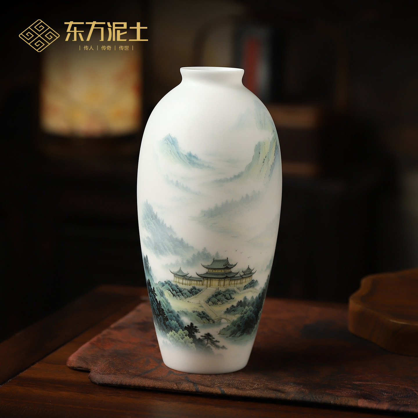 东方泥土陶瓷千里青绿花瓶摆件客厅玄关插花装饰乔迁开业商务礼品