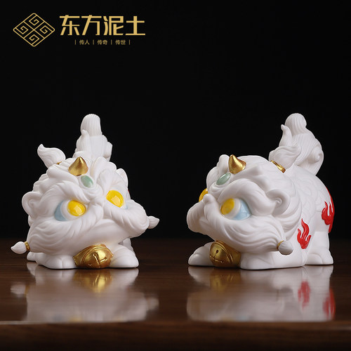 东方泥土可爱风陶瓷麒麟招财摆件