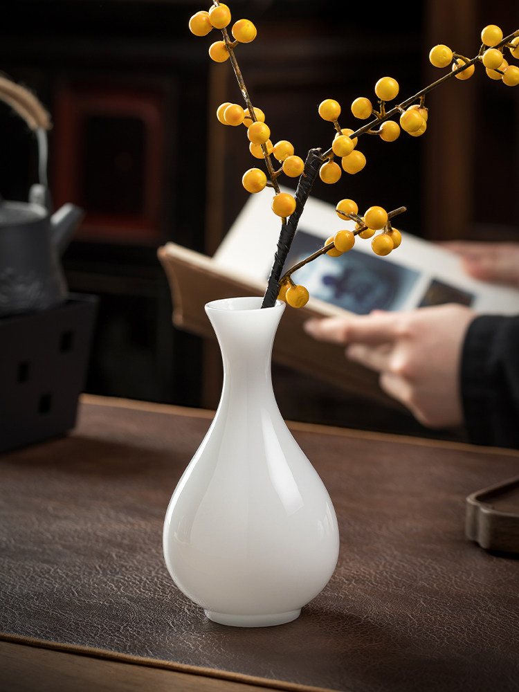东方泥冰玉石瓷玉石花瓶花瓶高端小瓶茶道插花纯白陶瓷茶几装饰