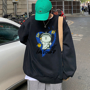 冬季潮牌青少年男生加绒圆领卫衣不带帽男初中高中学生加厚秋冬款