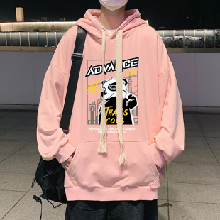 冬季青少年男生加绒加厚粉色连帽卫衣男戴帽衫初中高中学生秋冬款