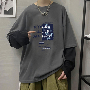潮牌假两件青少年长袖t恤男士韩版高中初中学生上衣嘻哈纯棉薄款