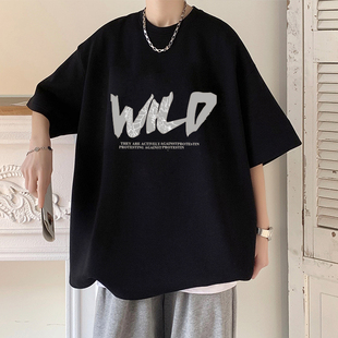 夏天男士5分短袖t恤男潮牌潮流宽松初中高中学生男生纯棉体桖大码