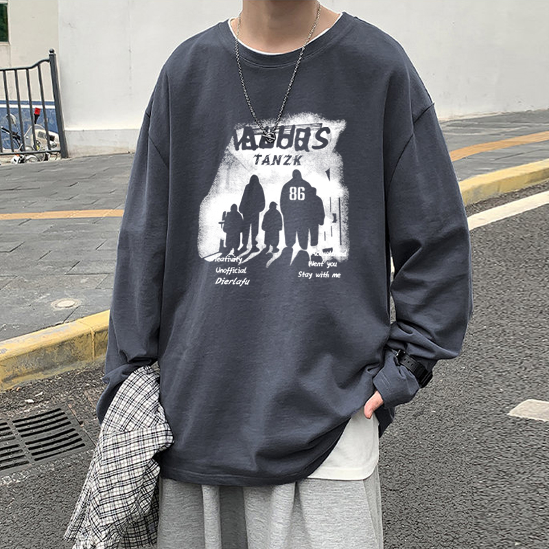 青少年长袖t恤纯棉内搭薄款美式春秋季男士打底体恤小衫宽松大码