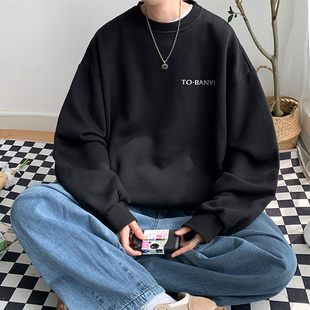 冬季青少年男生加绒圆领卫衣男潮牌不带帽初中高中学生加厚秋冬款