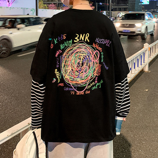 假两件男生长袖 t恤男纯棉青少年初中高中学生上衣潮牌嘻哈春秋款