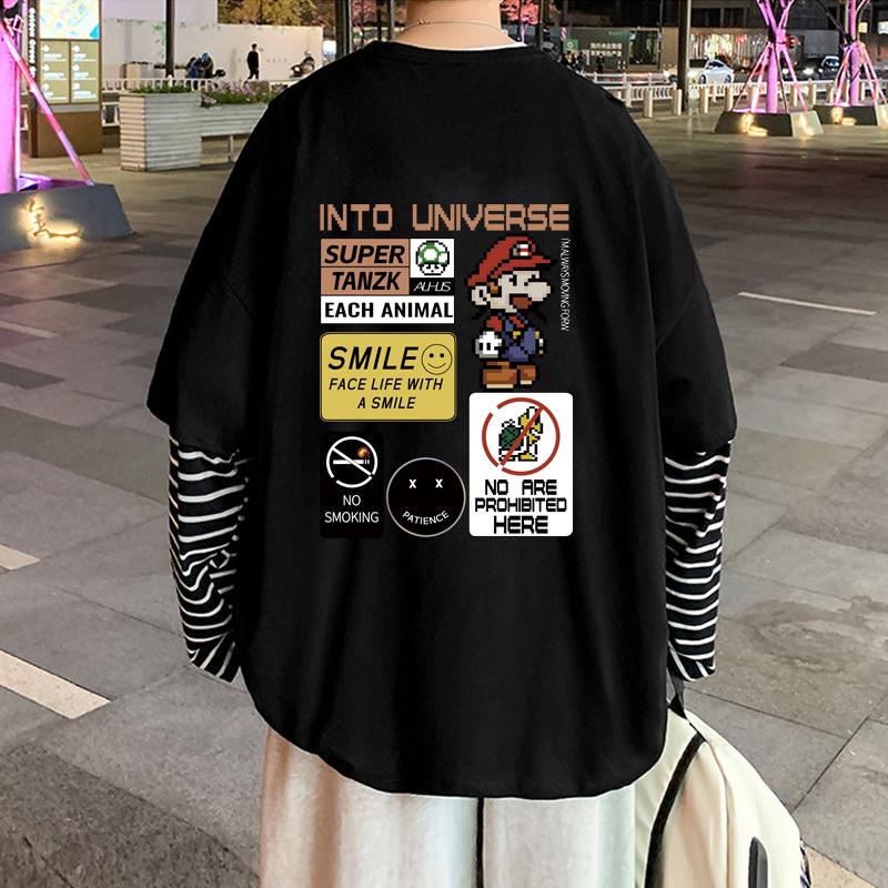 男士纯棉假两件长袖T恤春秋季青少年初中生体桖秋衣上衣潮牌薄款