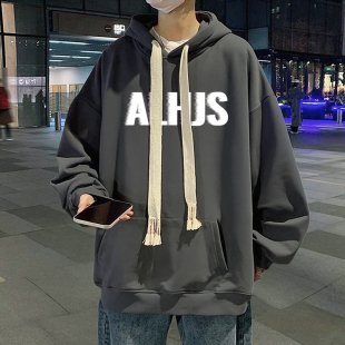 春秋季青少年纯棉连帽卫衣潮牌薄款男初中生带帽上衣美式宽松秋装