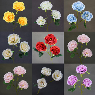 仿真三头茶玫婚礼堂插花装饰绢花仿真花备婚假花摆件插花玫瑰花
