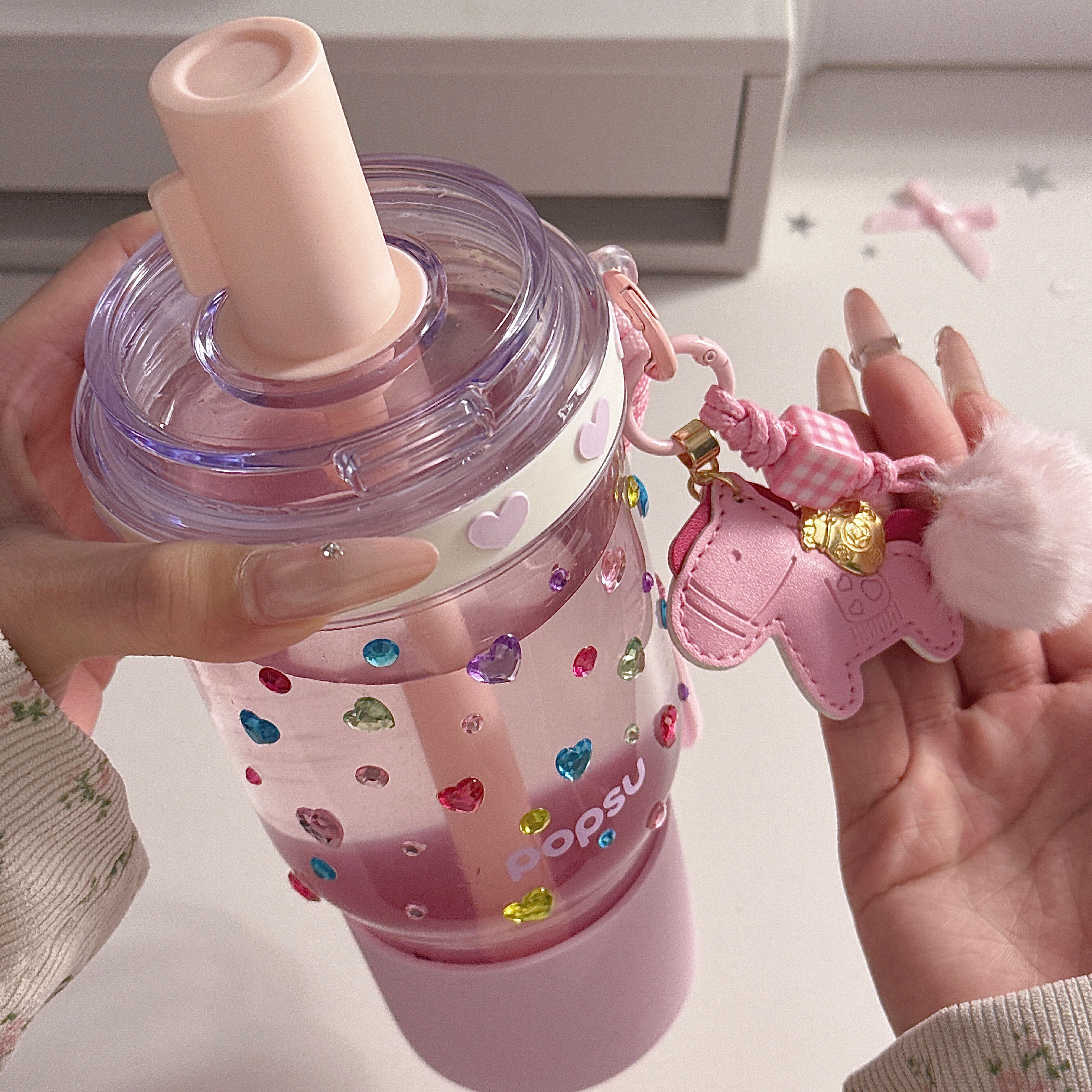 少女心高颜值玻璃杯高硼硅耐高温吸管水杯夏办公室大容量喝水杯子