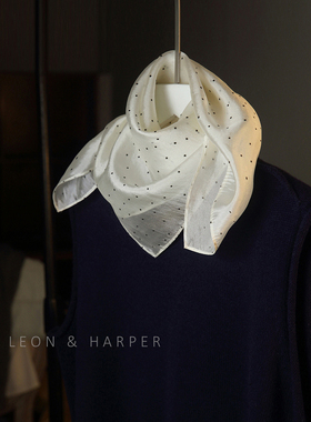 LEON&HARPER私家定制高品质小方巾丝巾领巾真丝苎麻乳白植绒波点