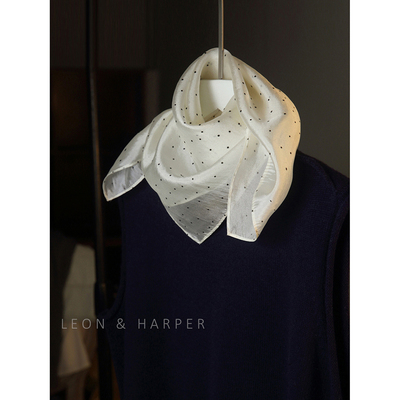 LEON&HARPER私家定制高品质小方巾丝巾领巾真丝苎麻乳白植绒波点