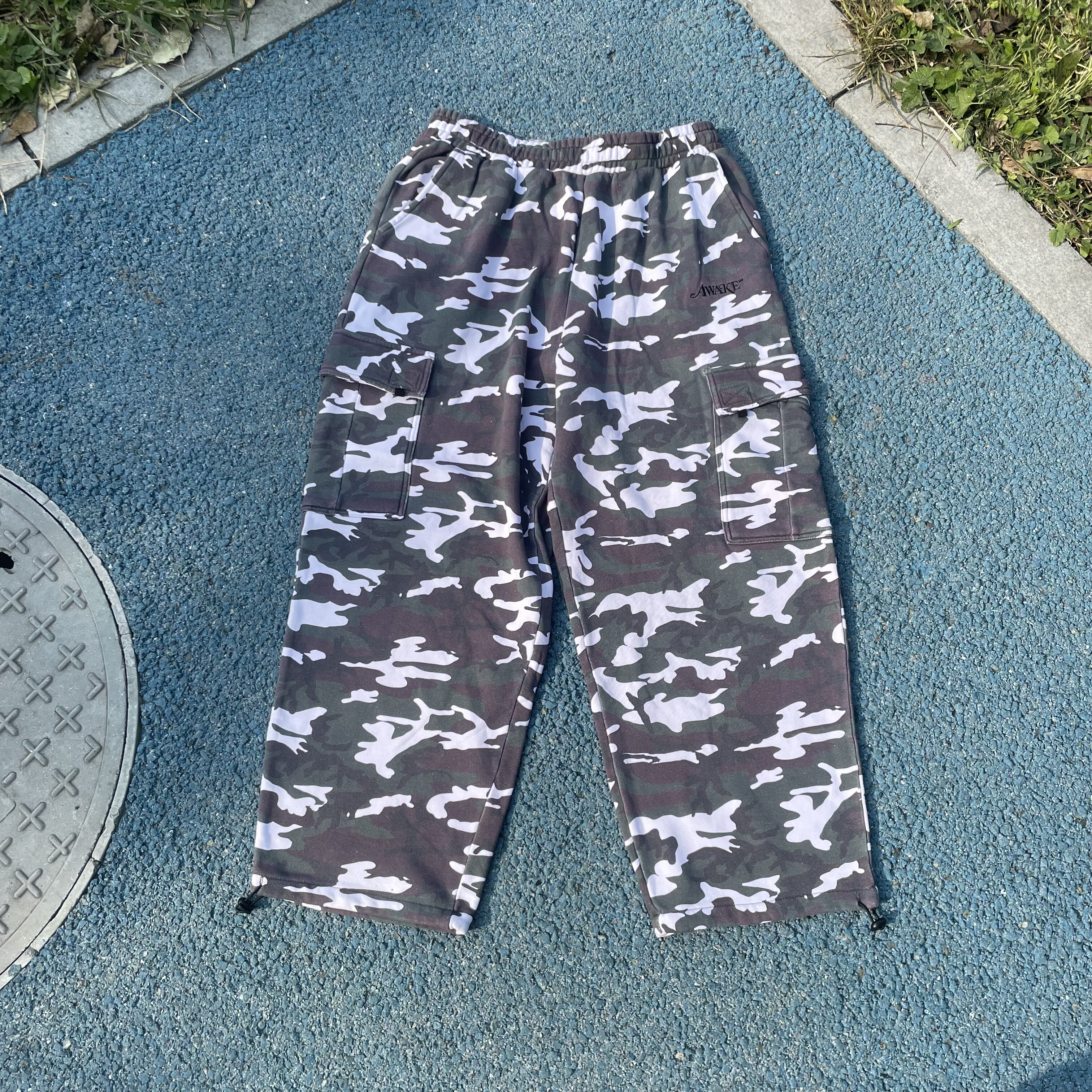 原D新款美式街头潮牌AWKNY纯棉水洗加绒复古宽松滑板卫裤迷彩敞口