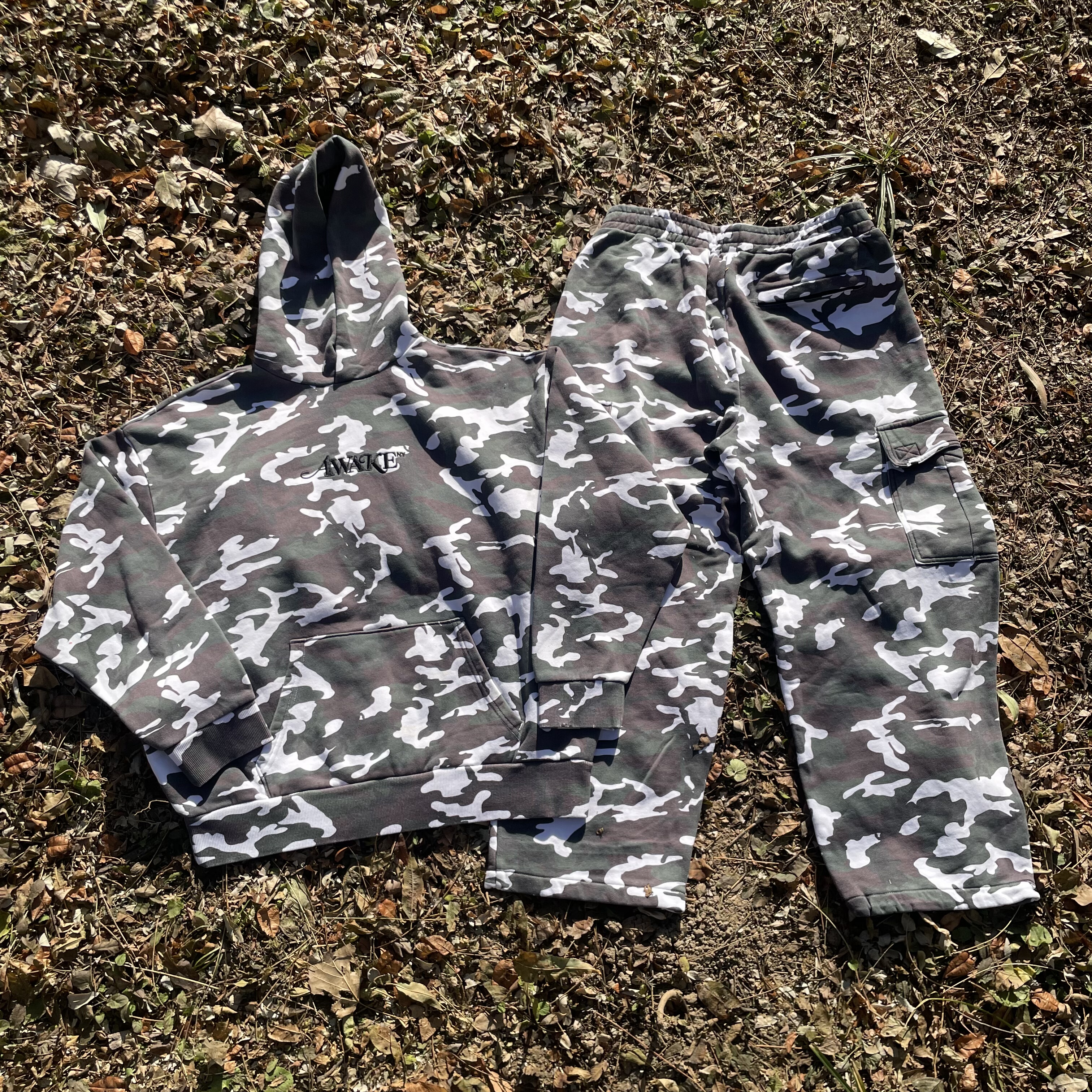 原D新款美式街头潮牌AWKNY纯棉加绒迷彩水洗宽松滑板卫衣卫裤套装