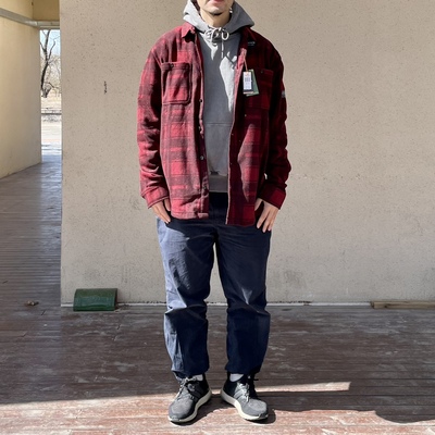 原D男新款美式冲浪街头潮牌QS环保聚酯纤维绒格纹长袖衬衫外套