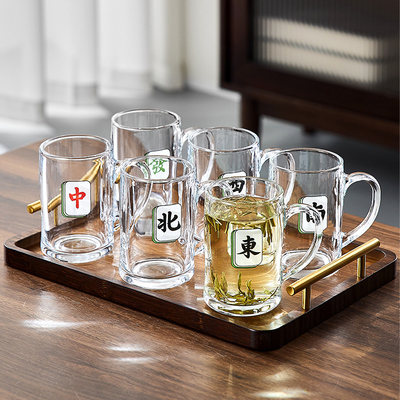 加厚玻璃杯带把手棋牌室茶楼专用麻将泡茶杯家用耐热高温啤酒杯子