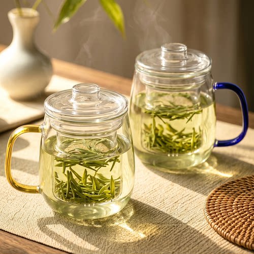 青苹果玻璃杯家用茶水分离泡茶杯子水杯男带把手带盖花茶杯女茶具