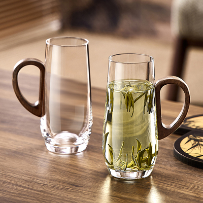 玻璃杯加厚耐高温绿茶杯男士专用泡茶杯带把手办公室喝水木柄杯子
