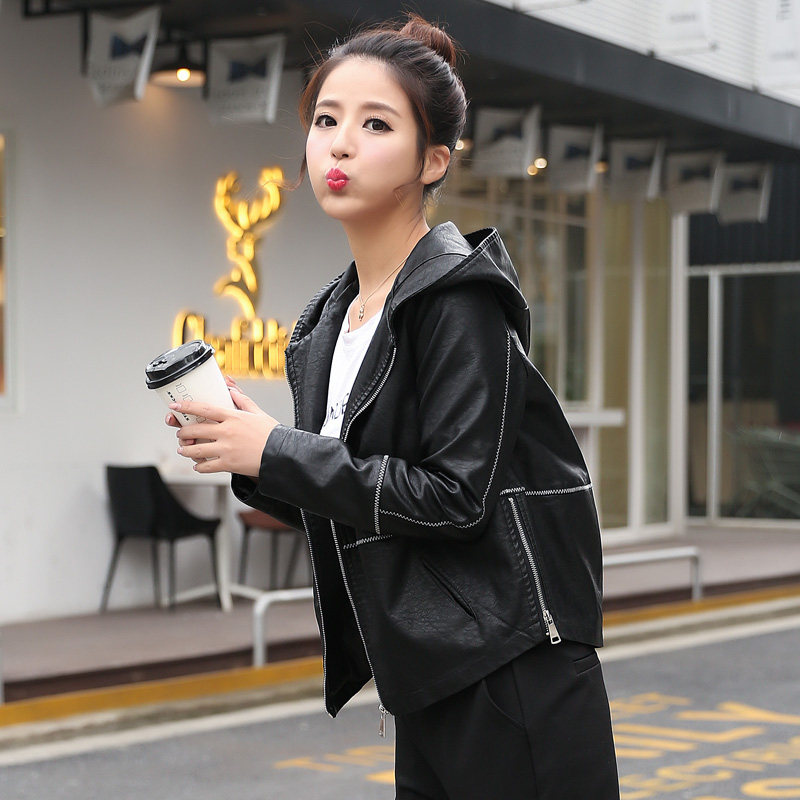 2023新款女装外套休闲夹克皮衣女春秋欧美宽松短款加大码连帽开衫