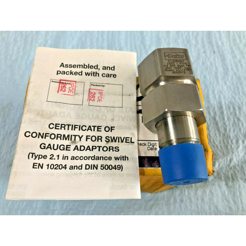 Parker SGB8M8F Swivel Gauge Adapter. 316SS 1/2 NPT, Teflon S