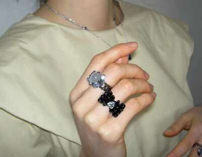 小众猫眼金属感串珠水晶戒指