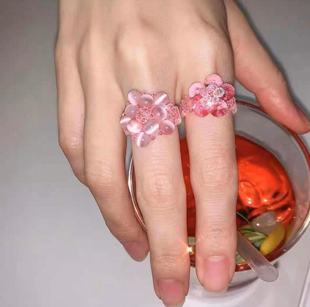 手工猫眼串珠戒指swingset同款粉猫眼奥地利戒指玫红水晶花戒指