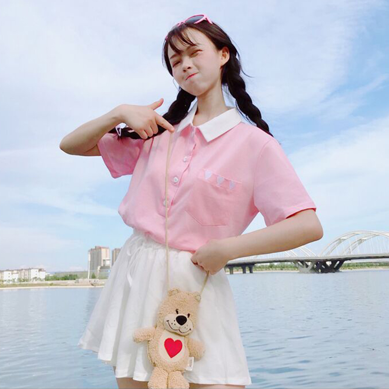 夏季女装韩版学生少女宽松ulzzang撞色可爱刺绣爱心短袖T恤上衣潮