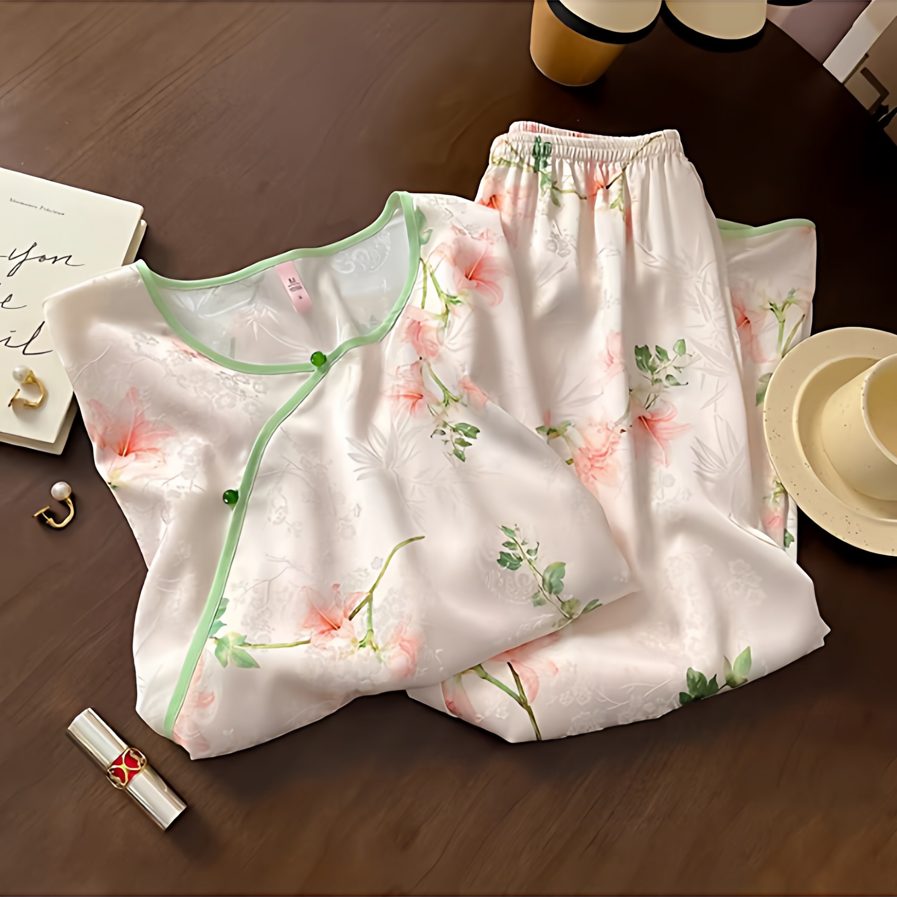 新中式睡衣女春秋款国风女款新款粉色真丝高级感家居服冰丝绸套装