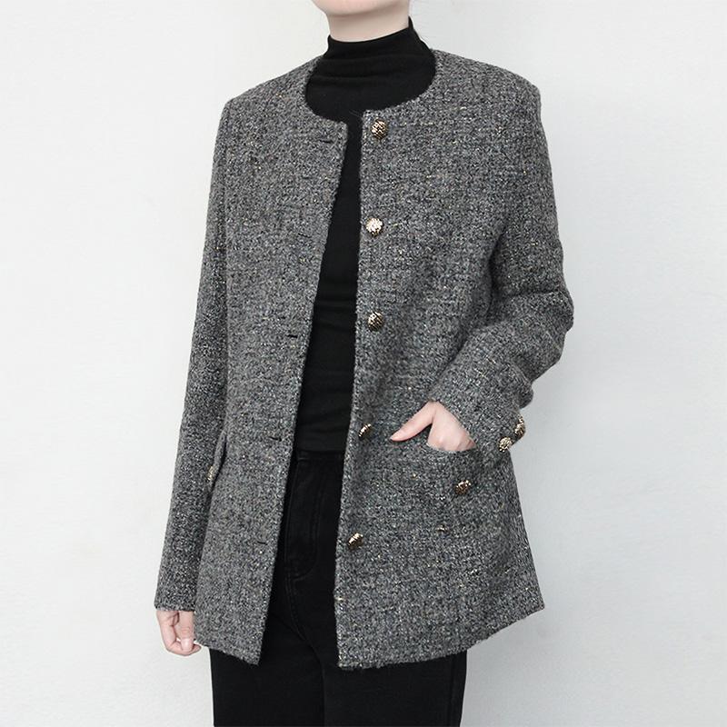 轻奢简约粗花呢羊毛外套女2025春季新款圆领长袖上衣气质小外套