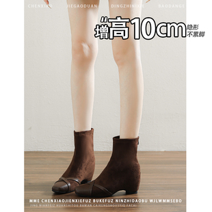 不累脚！内增高10CM短靴方头短筒女靴2025冬季加绒新款小个子靴子