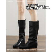 新款 内增高5CM 不累脚黑色圆头靴子2025冬季 小个子套筒中筒靴女