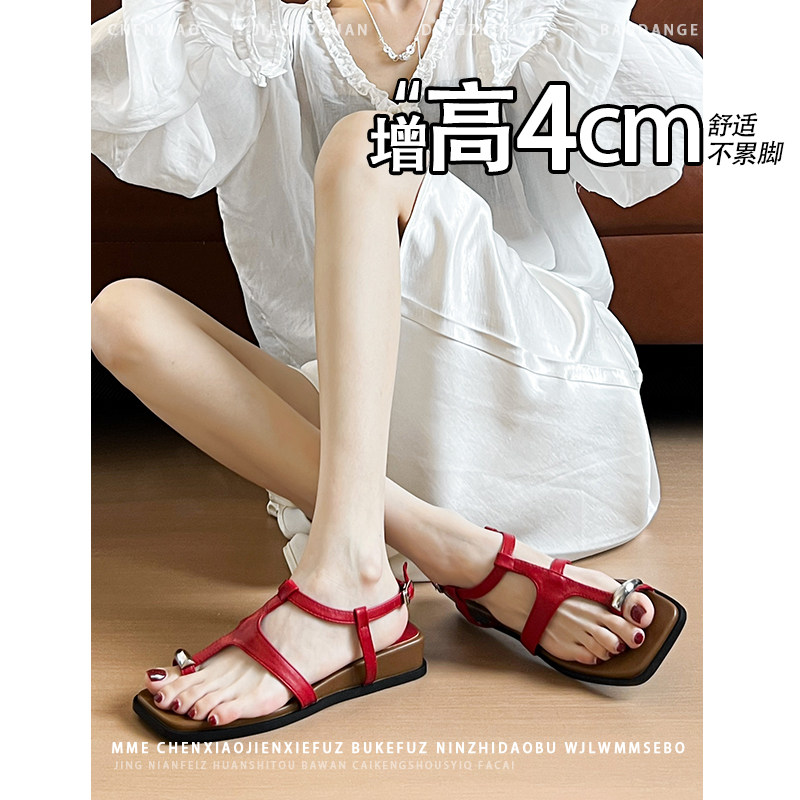 不累脚！增高4CM露趾方头凉鞋女2026夏季新款罗马风百搭平底女鞋