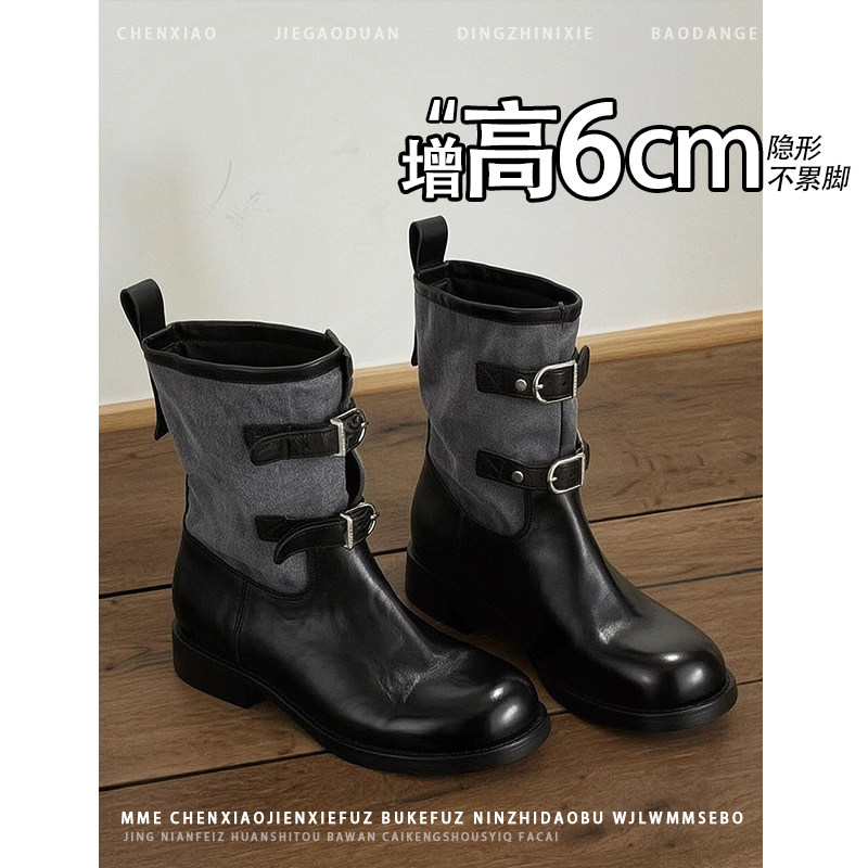 不累脚!内增高6CM圆头工装靴2026年秋季皮带扣靴子粗跟短筒靴女