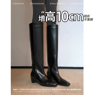 不累脚！内增高靴子10CM方头骑士靴2026年冬季长靴黑色长筒靴女