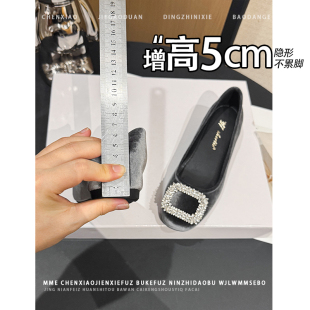 隐形内增高5CM！小个子绒面玛丽珍鞋2026春夏新款水钻浅口单鞋女