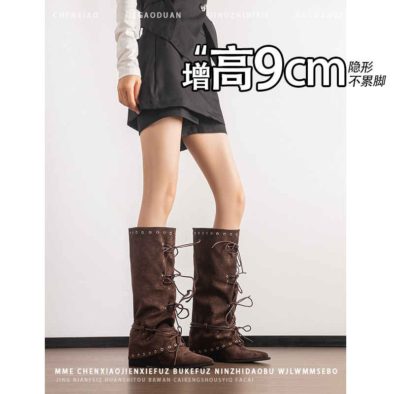 不累脚!内增高9CM欧美风铆钉尖头骑士靴2026年冬季绑带长筒靴女