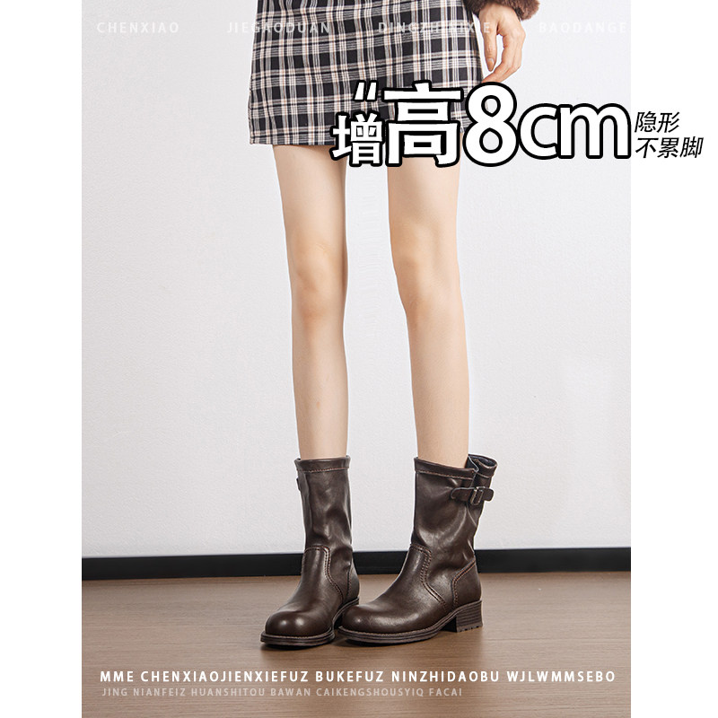不累脚!内增高8CM复古皮带扣马丁靴2026年冬季粗跟靴子短筒靴女