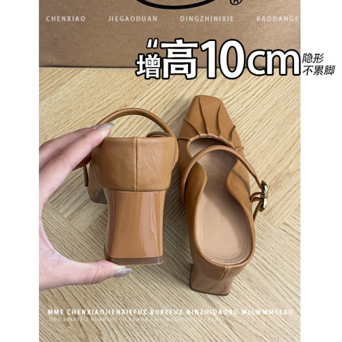 不累脚！增高10CM包头粗跟半拖玛丽珍2026夏新款一字扣浅口单鞋女