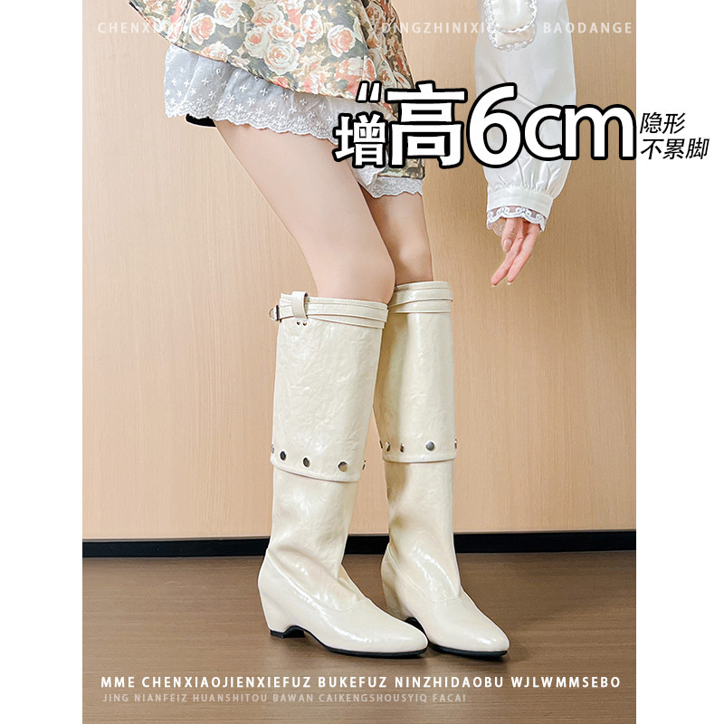 不累脚！内增高6CM可拆卸多穿骑士靴2026年冬季铆钉靴子长筒靴子